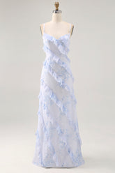 Blaue Blume Spaghettiträger Bedrucktes Hochzeitsgastkleid mit Rüschen